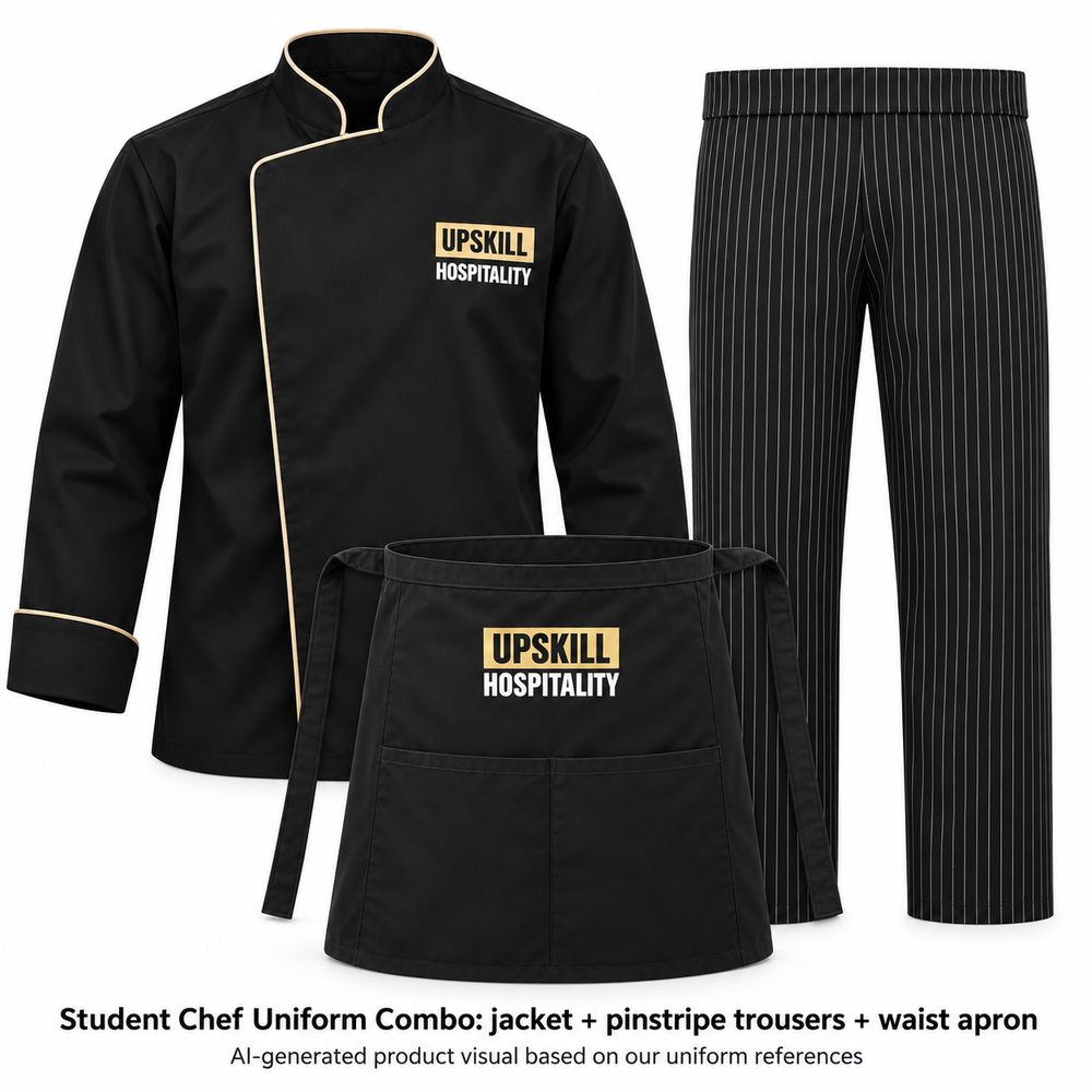 AI-generated product visual based on our uniform references — jacket, pinstripe trousers and waist apron
