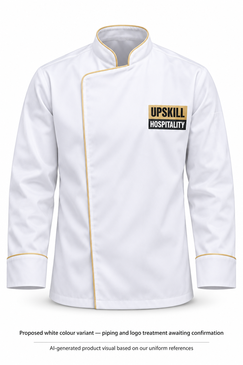 AI-generated product visual based on our uniform references — white-jacket-front; proposed white variant; piping and logo treatment awaiting confirmation