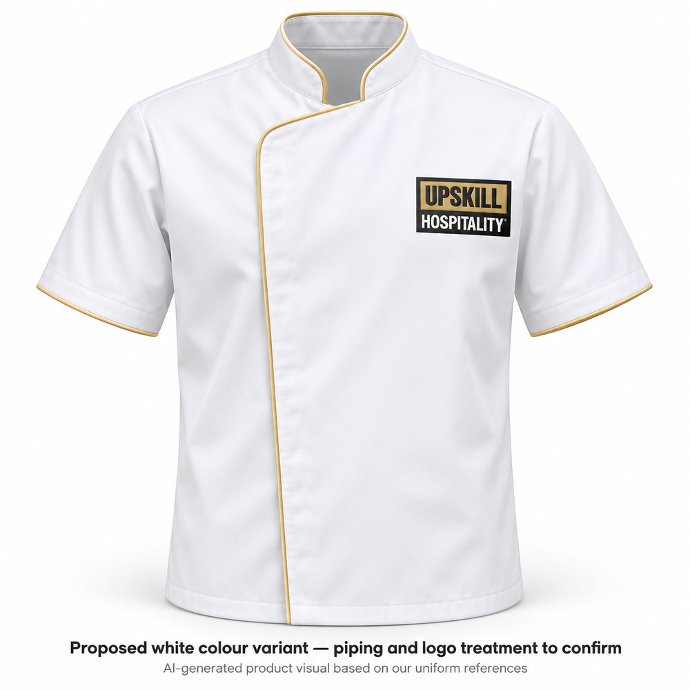 AI-generated proposed white colour variant — piping and logo treatment to confirm