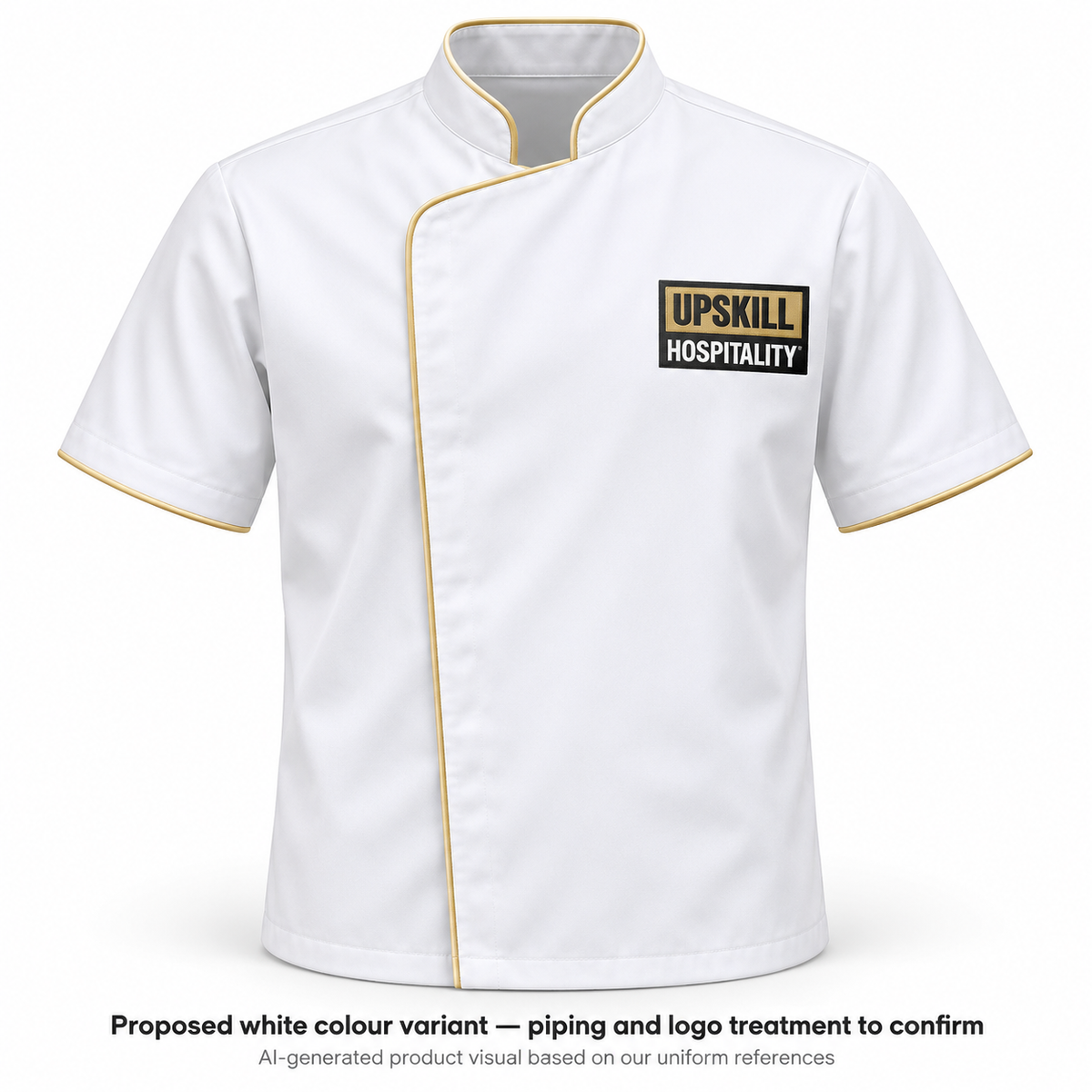 AI-generated proposed white colour variant — piping and logo treatment to confirm