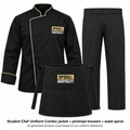 AI-generated product visual based on our uniform references — jacket, pinstripe trousers and waist apron