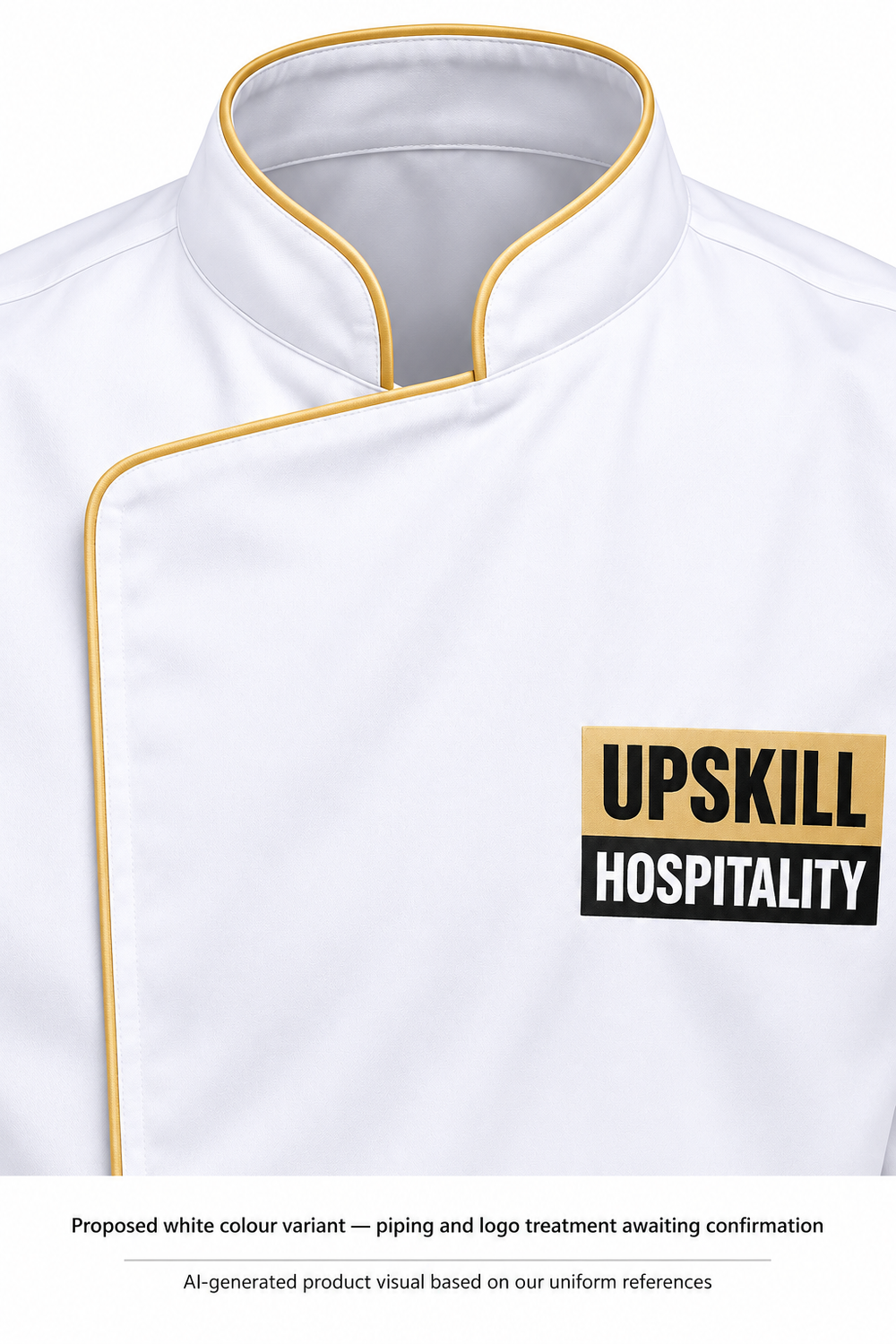 AI-generated product visual based on our uniform references — white-jacket-detail; proposed white variant; piping and logo treatment awaiting confirmation