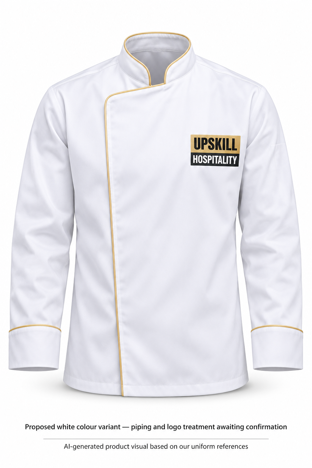 AI-generated product visual based on our uniform references — white-jacket-front; proposed white variant; piping and logo treatment awaiting confirmation